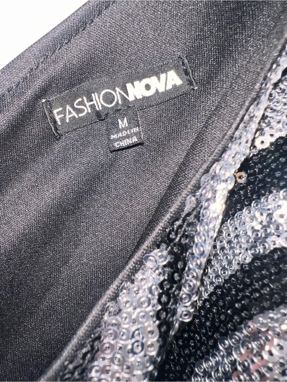 Fashion Nova One-Shoulder Zebra Black and Silver Sequin Evening Dress High Split